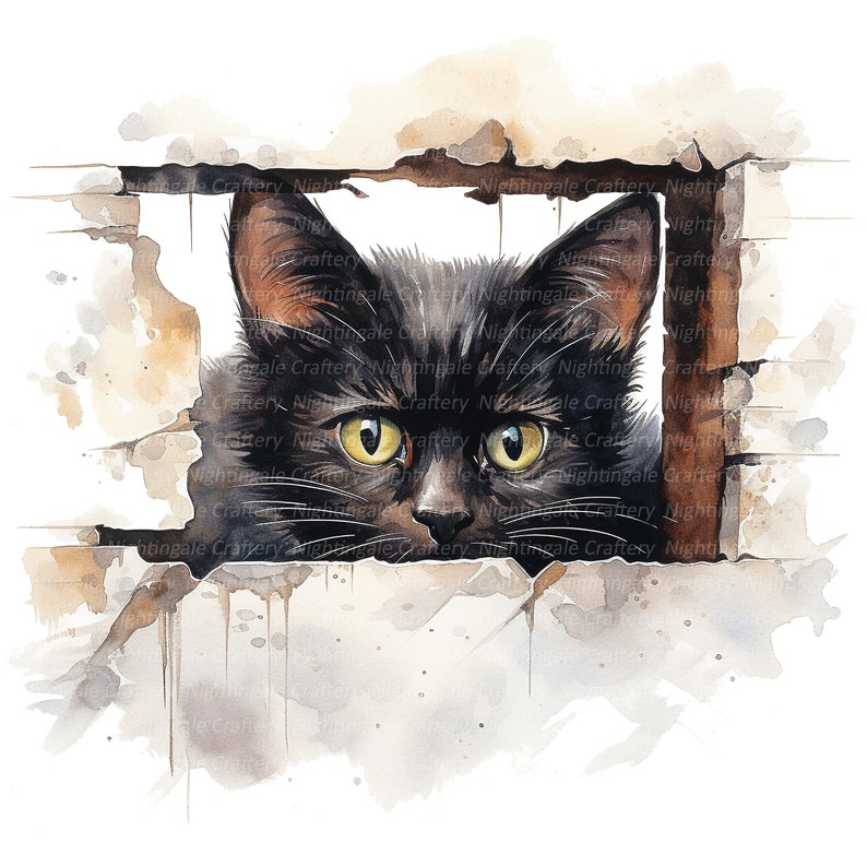 May include: A black cat with yellow eyes peeks through a hole in a brick wall. The cat's fur is soft and fluffy, and its eyes are wide with curiosity. The brick wall is weathered and worn, with cracks and chips in the mortar.