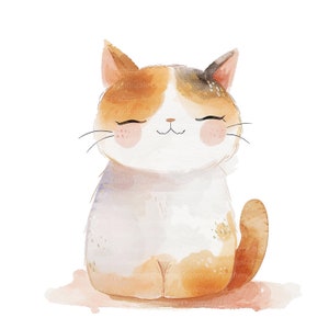 May include: A watercolor illustration of a cute, cartoon cat with closed eyes and a happy expression. The cat is sitting with its tail curled around its legs. The cat is white with orange and brown markings.