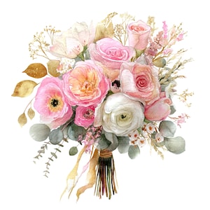 Rosa Hochzeit Bouquet Clipart, Hochzeitsblumen, druckbare Aquarell Clipart, 11 hochwertige JPGs, digitaler Download, Papiermodelle