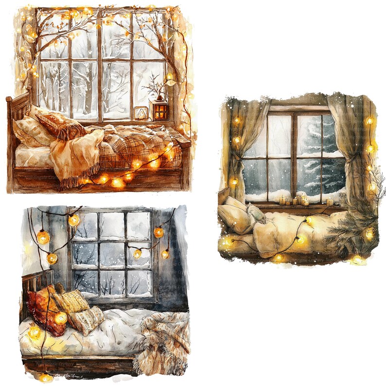 14 Cozy Bedroom, Christmas Clipart, Winter Window, Printable Watercolor ...