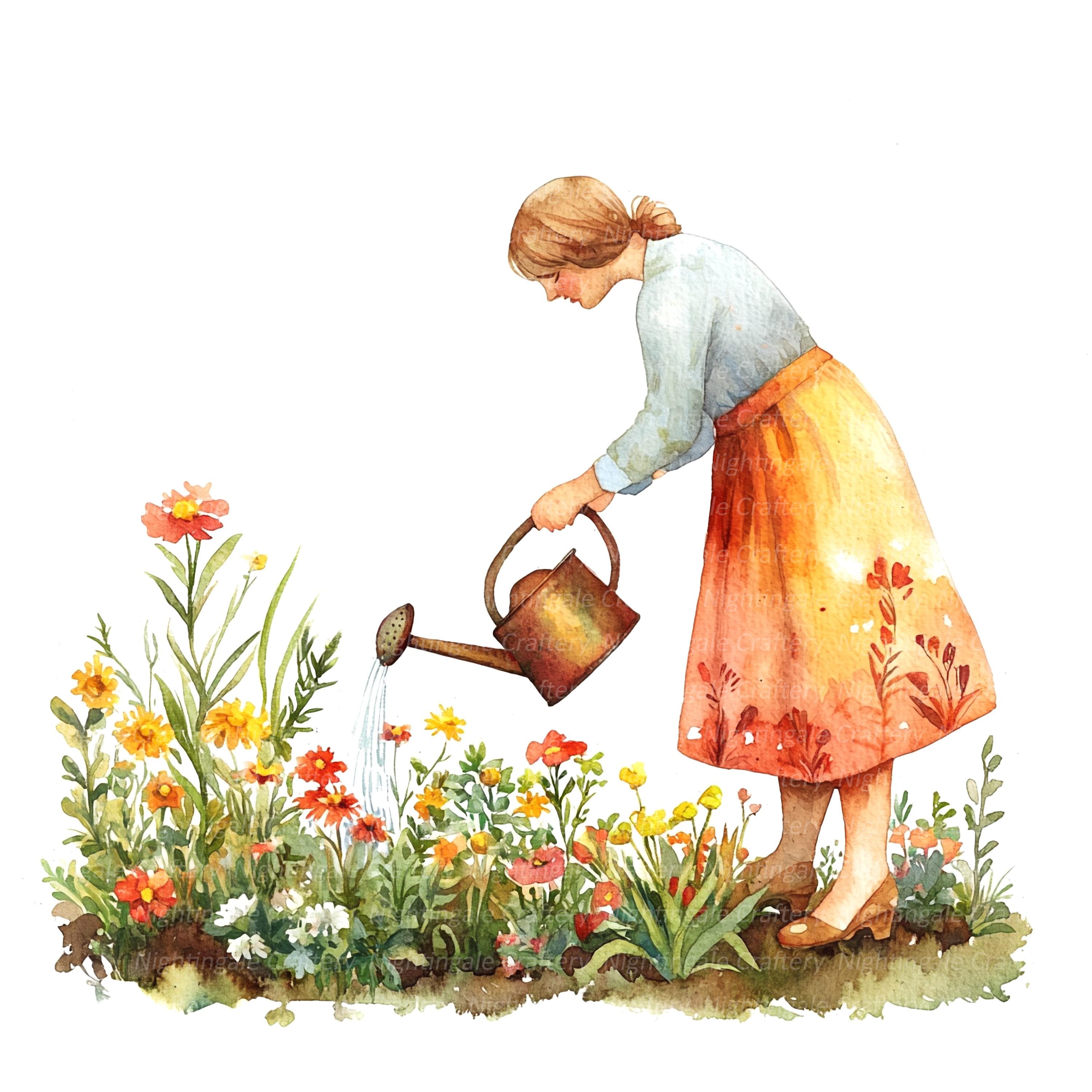 花に水をやる女性10人のイラストセット3、印刷可能な水彩画のイラスト