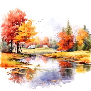 16 Parque en otoño Clipart, Parque con estanque, Clipart de acuarela imprimible, PNG/JPG de alta calidad, Descarga digital, Manualidades de papel, Diarios basura