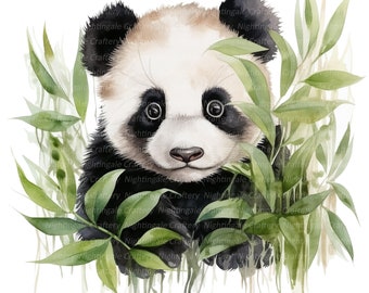 10 Panda in Eucalyptus Clipart, Cute Panda, Printable Watercolor clipart, High Quality JPGs, Digital download, Paper crafts, junk journals