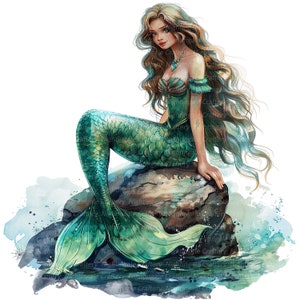8 Watercolor Mermaid Clipart, Mermaid On Stone, Printable Watercolor clipart, High Quality PNGs, Digital download, Paper craft, junk journal image 1