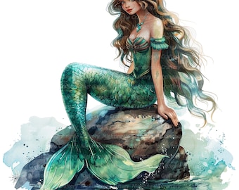 8 Watercolor Mermaid Clipart, Mermaid On Stone, Printable Watercolor clipart, High Quality PNGs, Digital download, Paper craft, junk journal