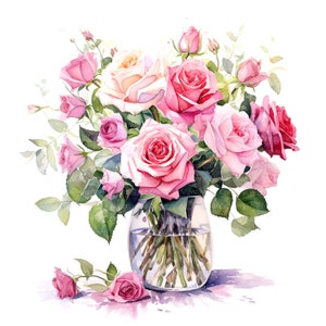 10 rosas em vaso clipart, rosas cor de rosa, clipart em aquarela para impressão, download digital, alta resolução, artesanato em papel, diários indesejados