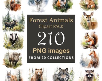 200+ Forest Animals Clipart Pack, 20 collections, Printable Watercolor clipart, High Quality PNG/JPGs, Digital download, Clipart Set, Bundle