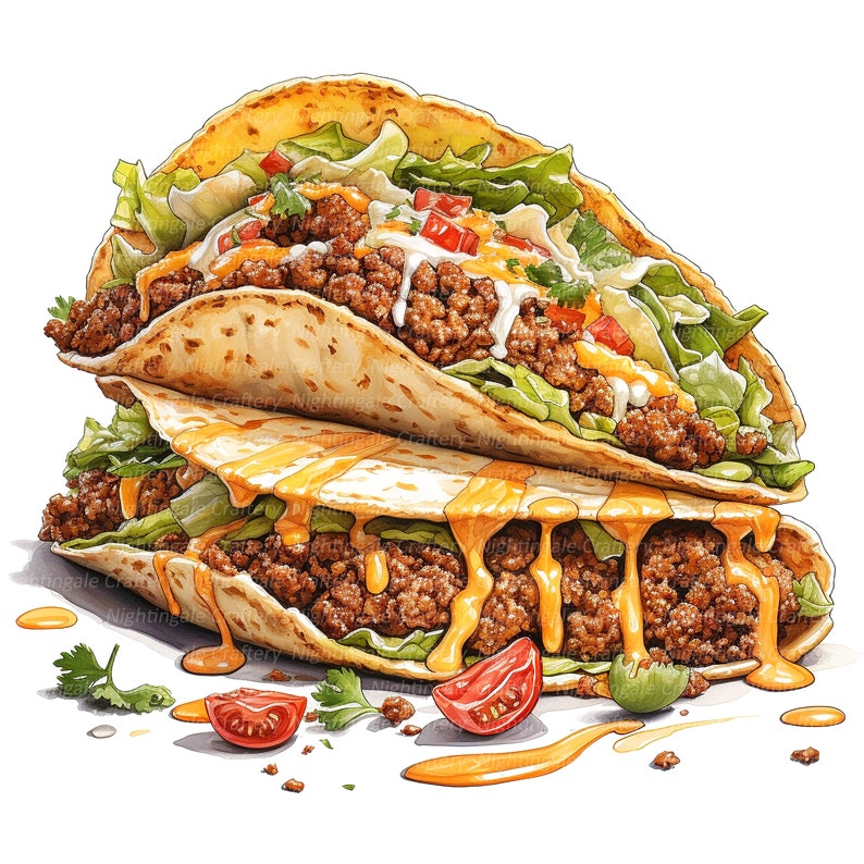 May include: Two soft tacos filled with ground beef, lettuce, tomatoes, and cheese. The tacos are topped with a generous amount of melted cheese sauce.