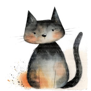 May include: A watercolor painting of a black, orange, and white cat with a grumpy expression. The cat is sitting with its tail curled around its body. The background is a light orange watercolor wash.