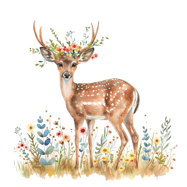 10 Floral Red Deer Clipart, Floral Rehkitz, druckbare Aquarell Clipart, hochwertige JPGs, digitaler Download, Papierhandwerk, Junk Journals