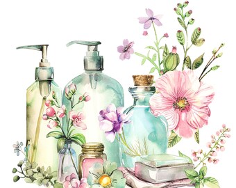 Peut inclure: Illustration aquarelle d'un ensemble de produits de bain et de corps, comprenant du savon, de la lotion et des flacons d'huile essentielle, entourés de délicates fleurs roses et violettes.