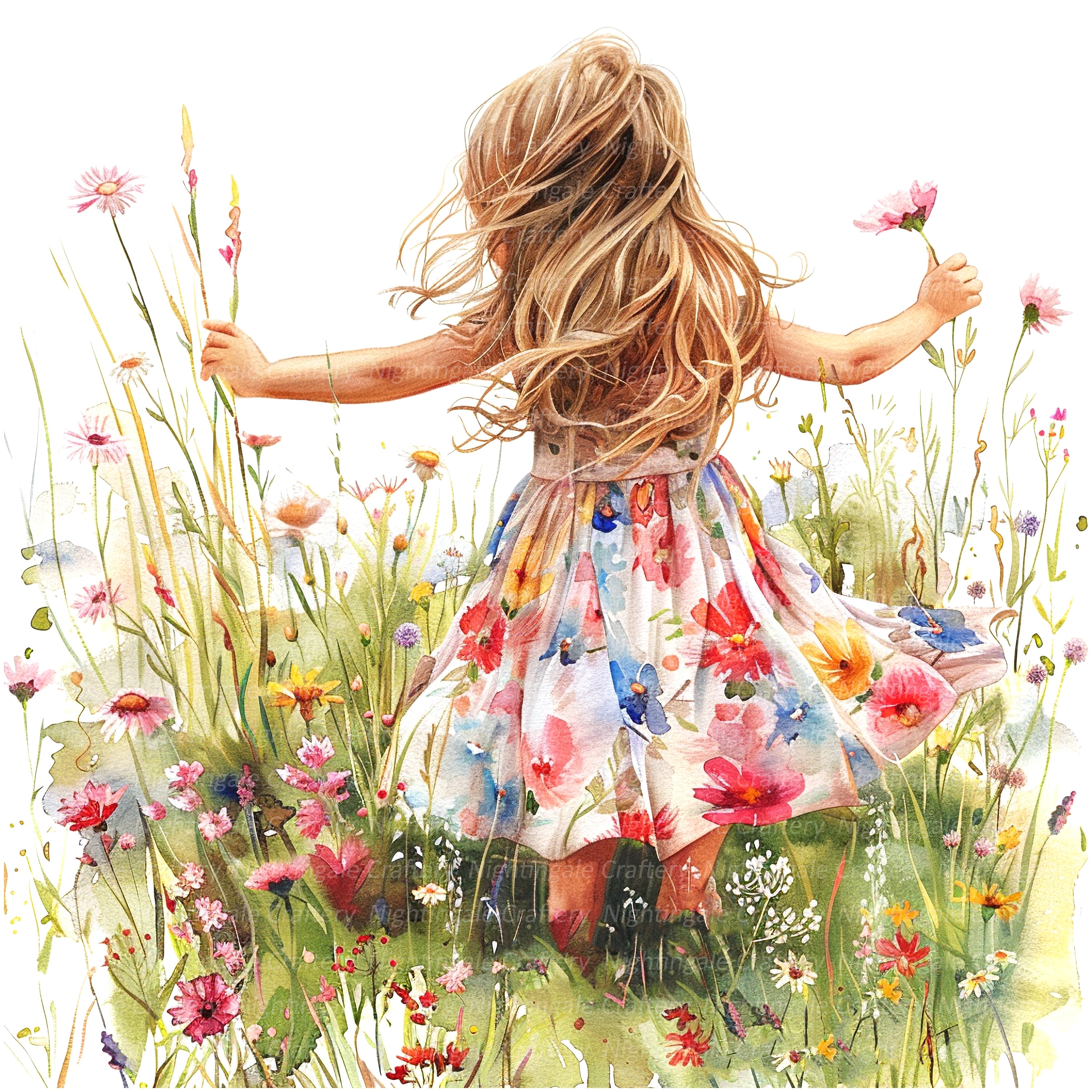 10 Girl in Flowers Clipart, Wildflower Clipart, Printable Watercolor ...
