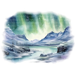 12 Imágenes prediseñadas de paisaje de auroras boreales, imágenes prediseñadas de acuarela imprimibles, JPG de alta calidad, descarga digital, alta resolución, artesanía de papel