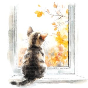 May include: A tabby kitten sits by a window, looking out at a blurred background of yellow and orange leaves. The kitten is facing away from the viewer, with its tail curled around its body.