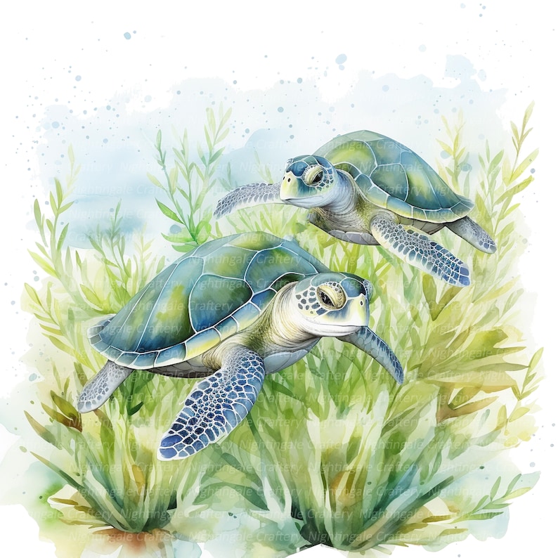 May include: Watercolor illustration of two sea turtles swimming among green sea plants. The turtles have blue-green shells and light-colored faces. The background features a soft, watercolor effect with shades of green and blue.