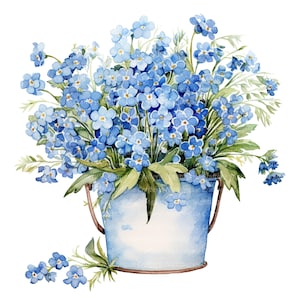 Forget Me Not Clipart, seau pour tous les myosotis, clipart aquarelle imprimable, 12 fichiers JPG de haute qualité, téléchargement numérique, créations en papier, journal indésirable
