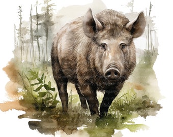 Wildschwein im Wald Clipart, druckbare Aquarell Clipart, 10 hochwertige JPGs, digitaler Download, Papierhandwerk, Junk Journals