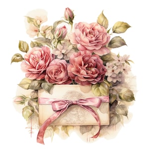 12 Carta romántica, Clipart de sobre floral, Imágenes prediseñadas de acuarela imprimible, JPG de alta calidad, Descarga digital, Artesanía de papel, diario basura