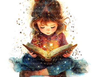 10 imágenes prediseñadas de niña y libro mágico, libro de fantasía, imágenes prediseñadas de acuarela imprimibles, PNG de alta calidad, descarga digital, manualidades de papel, revistas basura