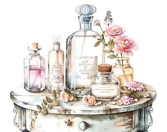 10 Perfume Table Clipart, Parfumes Clipart, Digital Clipart, Watercolor clipart, Printable clipart, Digital download, Paper craft