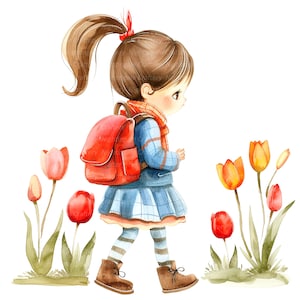 11 School Girl Clipart, Floral Schoolgirl, School Cartoon, Printable Watercolor clipart, High Quality JPG, Digital download, Paper craft