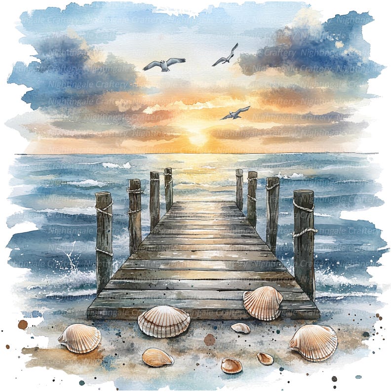 May include: A watercolor painting of a wooden dock extending into a blue ocean with a sunset in the background. The dock is surrounded by seashells on the sandy shore.