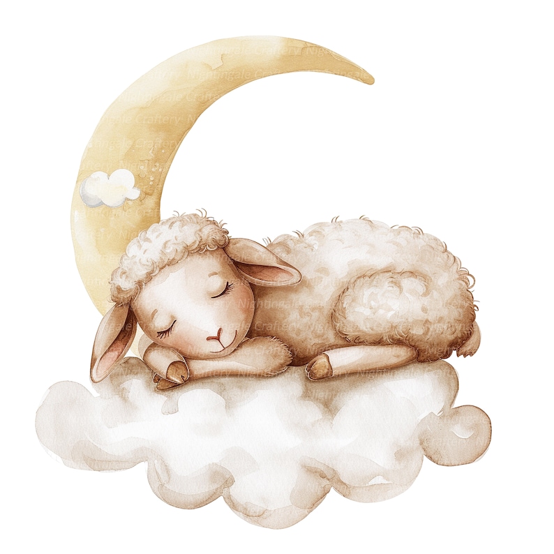 May include: A watercolor illustration of a sleeping lamb on a cloud with a crescent moon behind it. The lamb is white with brown accents and has its eyes closed. The cloud is white with brown accents. The moon is yellow with brown accents.