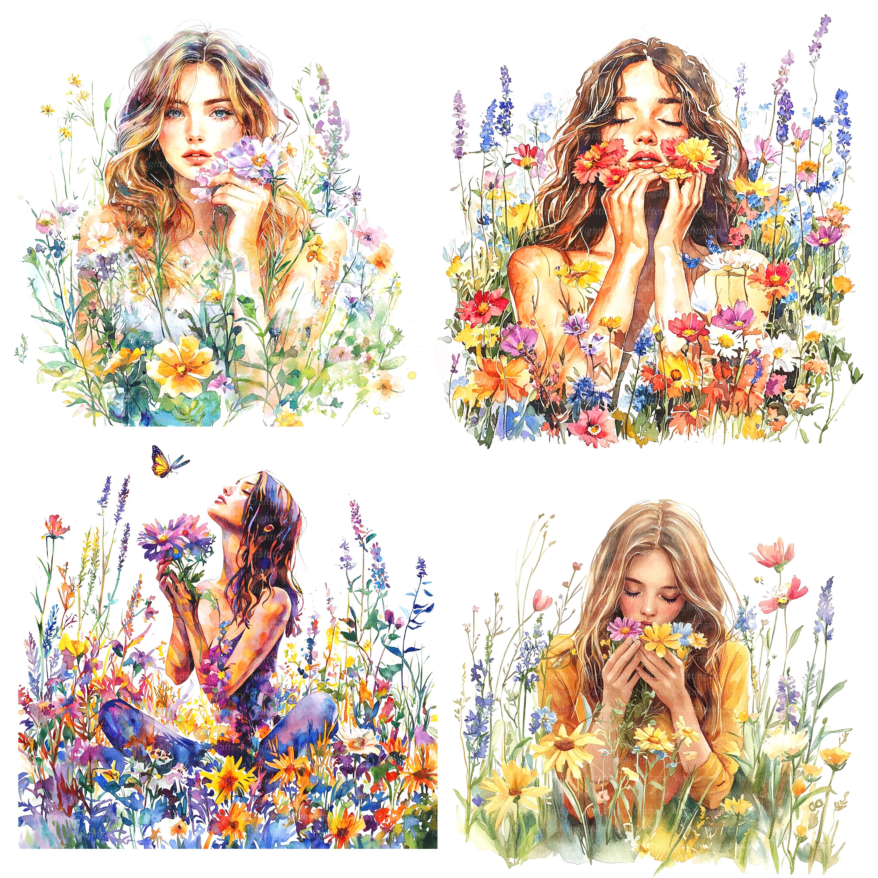 16 Girl in Flowers Clipart, Floral Girl Meadow, Printable Watercolor ...