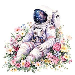 12 bloemen astronaut clipart, happy astronaut, afdrukbare aquarel clipart, hoge kwaliteit jpg's, digitale download, Paper Craft, junk tijdschriften