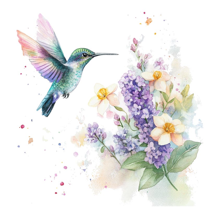 Puede incluir: Una pintura de acuarela de un colibr&iacute; con plumas iridiscentes azules y verdes que se cierne cerca de un ramo de lilas morados y narcisos blancos. El fondo es una suave acuarela en tonos de rosa, azul y amarillo.