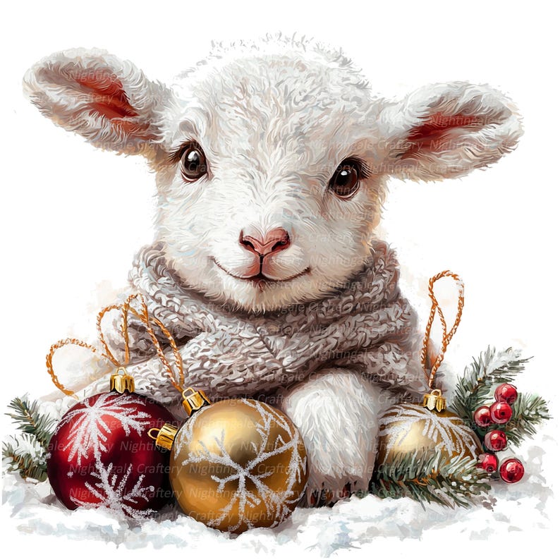 May include: A digital illustration of a cute lamb wearing a gray scarf, surrounded by Christmas ornaments and greenery. The lamb has white fur, pink nose, and big brown eyes. Two red and gold ornaments are in the foreground.