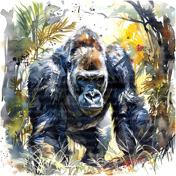 ゴリラのクリップアート12点、ジャングルのゴリラ、印刷可能な水彩