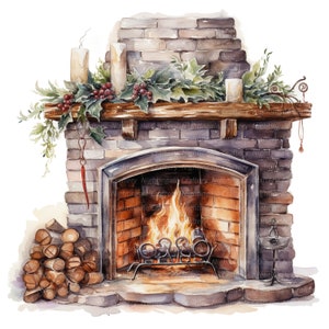 10 Fireplace Clipart, Printable Watercolor Clipart, High Quality Jpgs ...