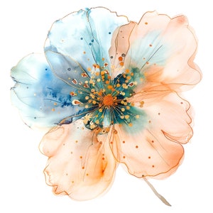 10 Clipart di fiori astratti, colori blu pesca, stampa di fiori, clipart acquerello stampabile, JPG di alta qualità, download digitale, artigianato con la carta