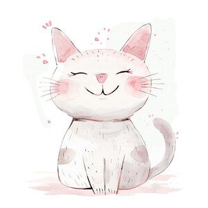May include: A watercolor illustration of a white cat with pink cheeks and closed eyes, smiling with its mouth open. The cat is sitting with its tail curled around its body. The background is a light green with pink dots.