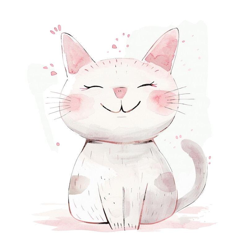 May include: A watercolor illustration of a white cat with pink cheeks and closed eyes, smiling with its mouth open. The cat is sitting with its tail curled around its body. The background is a light green with pink dots.