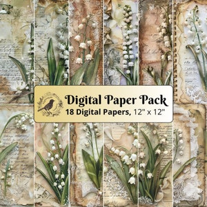 18 papiers muguet et dentelle, paquet de papier numérique 12 x 12, papier journal indésirable, papier de scrapbooking, papier imprimable, JPG de haute qualité