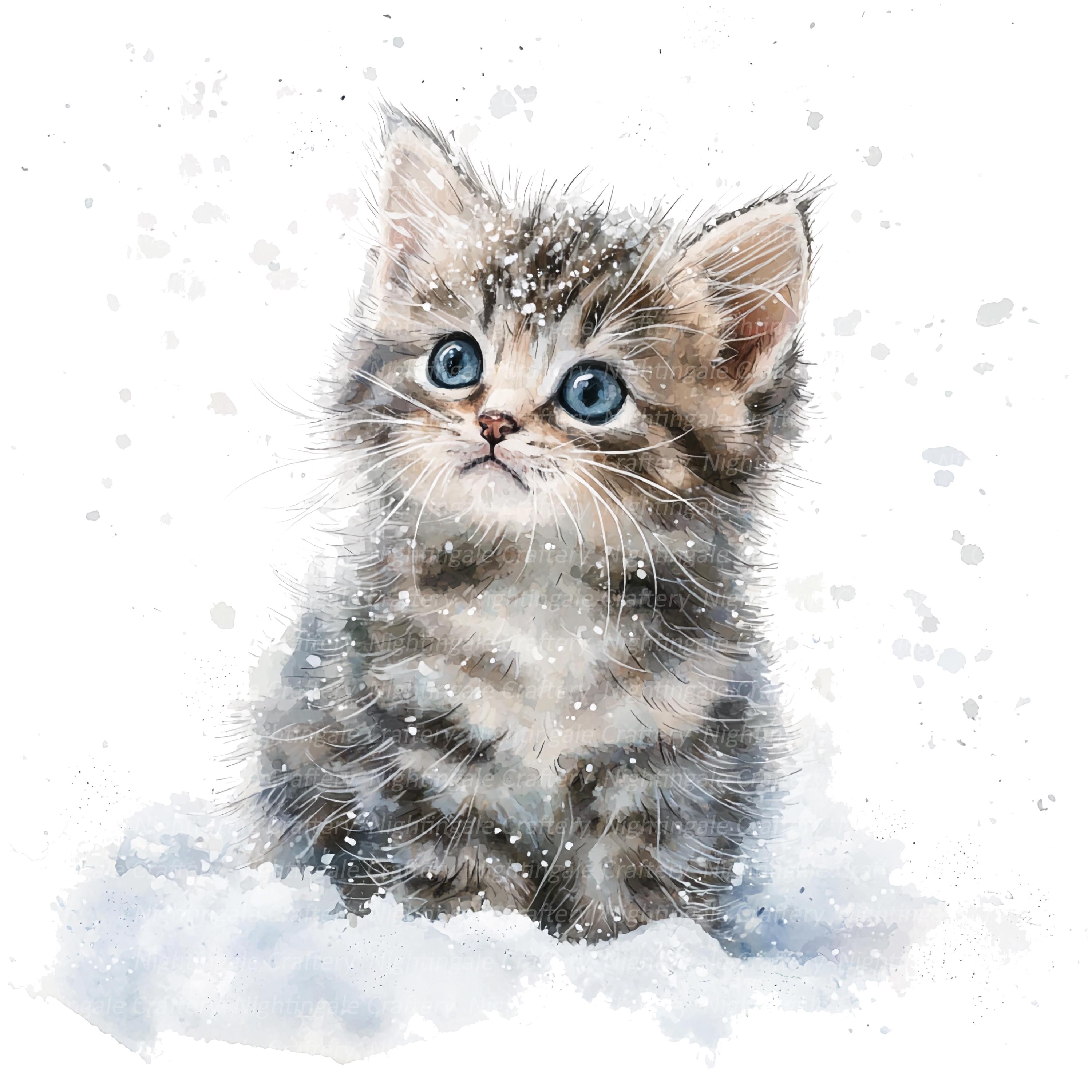 雪の中の子猫のクリップアート14点、猫のクリップアート、印刷可能な