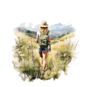 14 Woman Hiking Clipart, Mountain Hiking, Printable Watercolor Clipart ...