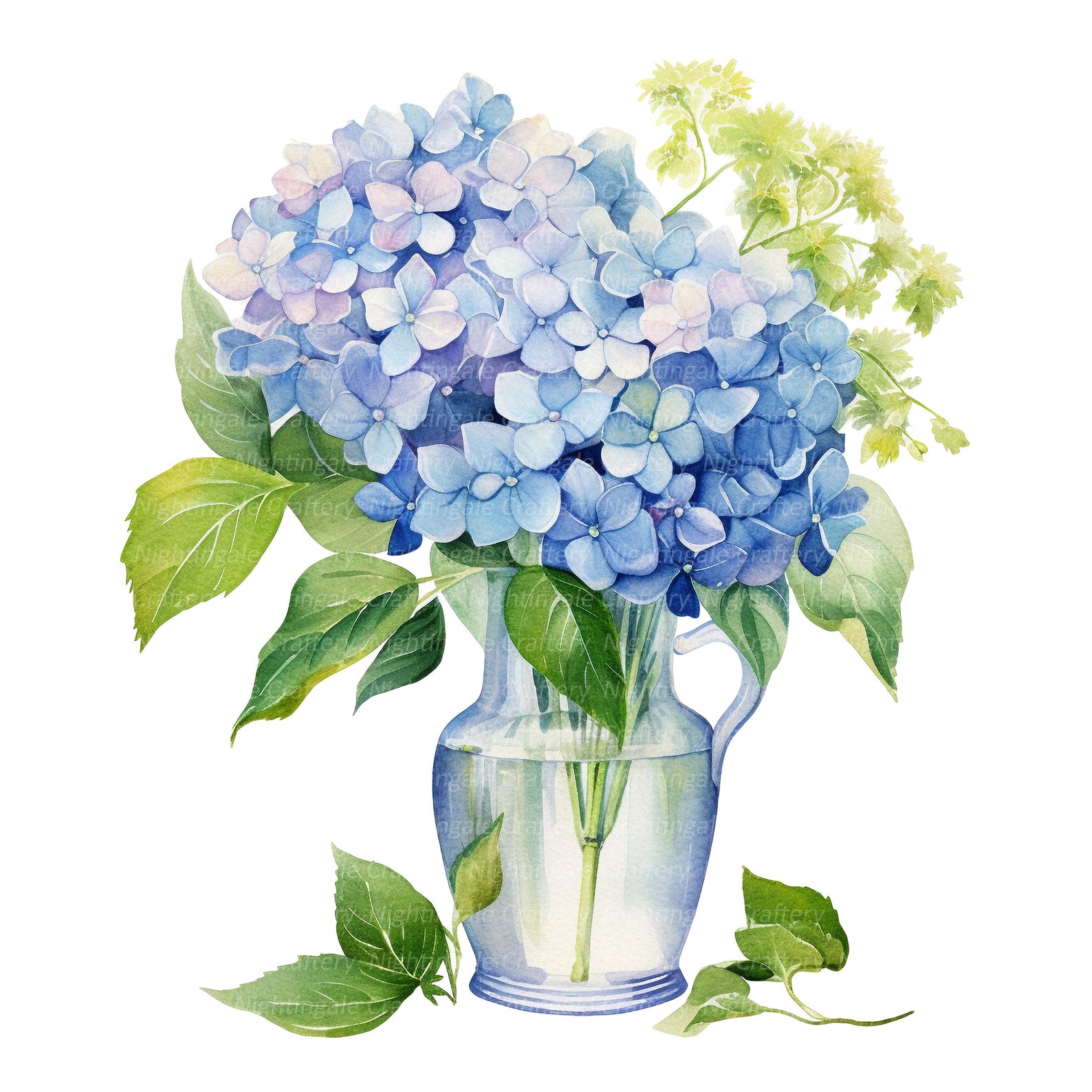 12 Hydrangea in Vase Clipart, Blue Hortensia, Printable Watercolor ...
