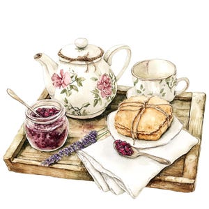 10 Cozy Cottage Picnic, Jam Tea Party Clipart, Clipart de aquarela para impressão, JPGs de alta qualidade, Download digital, Papel artesanal, diário de lixo