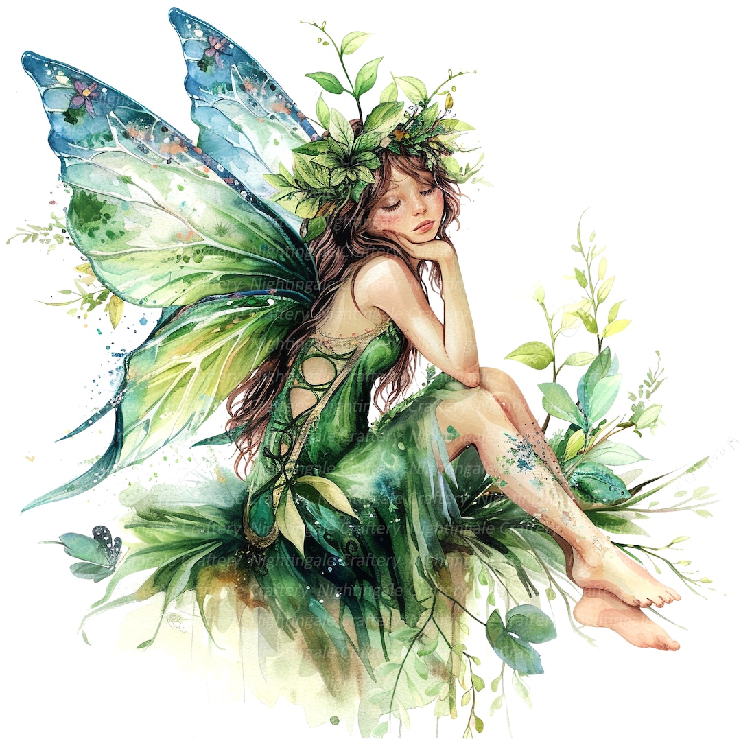 8 Forest Fairy Clipart, Green Fairies Clipart, Printable Watercolor