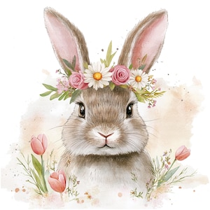 May include: A watercolor illustration of a brown bunny wearing a pink and white flower crown. The bunny is surrounded by pink tulips and green foliage.