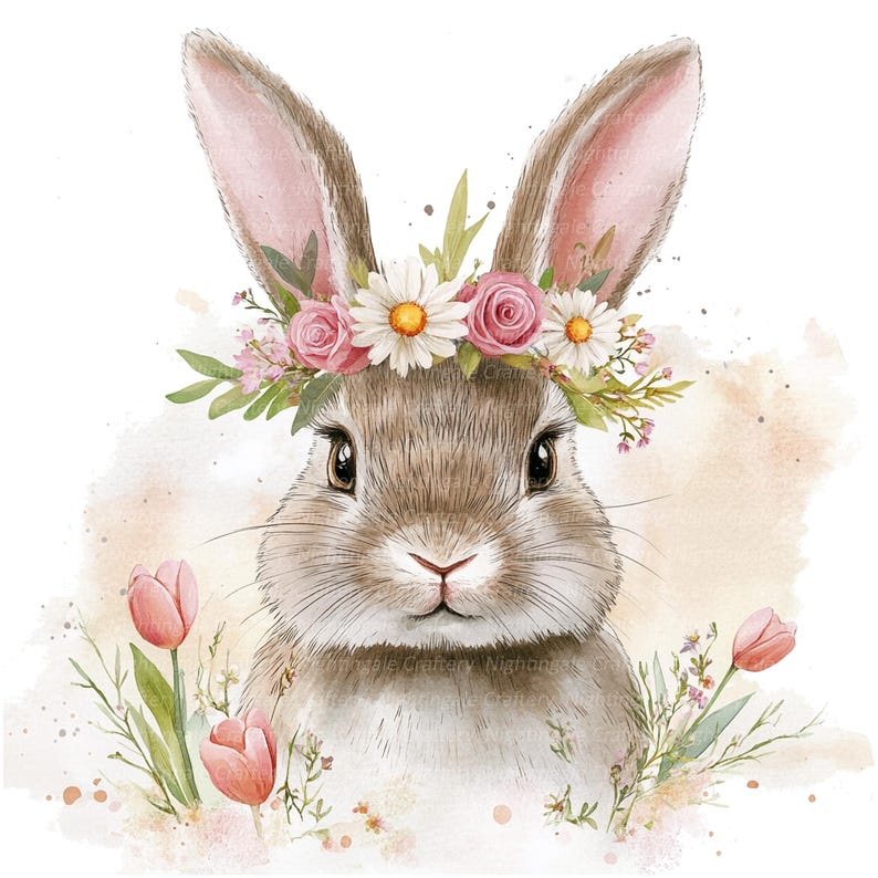 May include: A watercolor illustration of a brown bunny wearing a pink and white flower crown. The bunny is surrounded by pink tulips and green foliage.