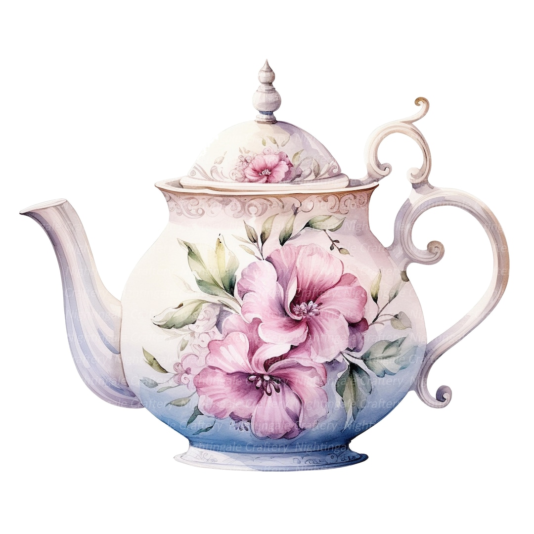 14 Vintage Floral Teapot Clipart, Cool Teapot, Printable Watercolor