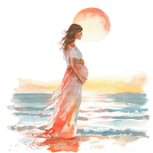 10 Schwangere Frau Sonnenuntergang Clipart, Schwangerschaft, druckbare Aquarell Clipart, hochwertige JPG, digitaler Download, Papiermodell, Junk Journals
