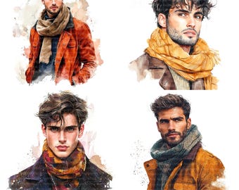 16 Man Fashion Clipart, Autumn Fashion Clipart, Printable Watercolor clipart, High Quality JPGs, Digital download, Paper craft, junk journal