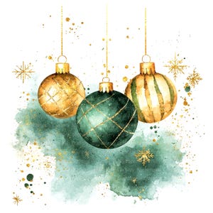 10 kerstkaart clipart, groene gouden kerstballen, afdrukbare aquarel clipart, hoge kwaliteit JPG, digitale download, Paper Craft, junk journal