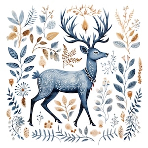 11 Clipart di cervi popolari scandinavi, Natale, Clipart di acquerelli stampabili, PNG di alta qualità, Download digitale, Carta artigianale, diario spazzatura