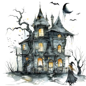 10 spookhuis clipart, heksenhuis afdrukbare, afdrukbare aquarel clipart, hoge kwaliteit PNG/JPG, digitale download, Papercraft, tijdschriften